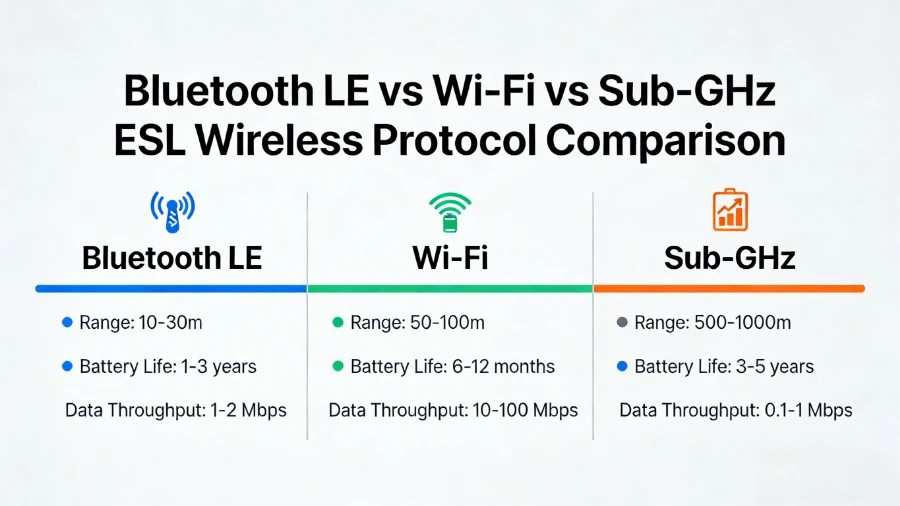 Bluetooth LE vs Wi-Fi vs Sub-GHz ESL wireless protocol comparison - range, battery life, and data throughput illustrated for electronic shelf label deployments Bluetooth LE vs Wi-Fi vs Sub-GHz ESL wireless protocol comparison - range, battery life, and data throughput illustrated for electronic shelf label deployments