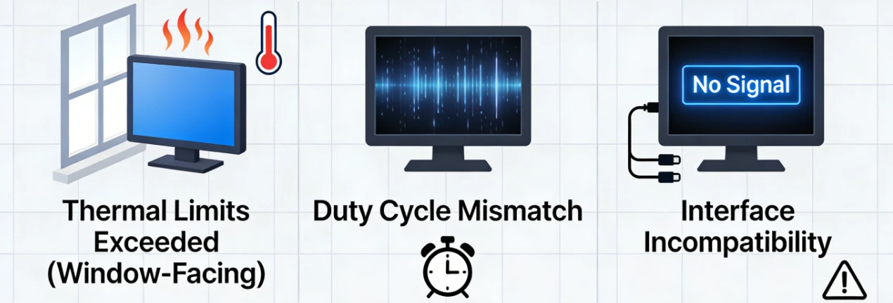 Retail LCD deployment failure modes including thermal limits exceeded on window-facing installations, duty cycle mismatch, and interface incompatibility