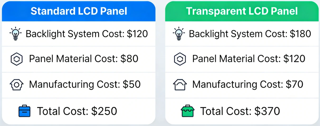 Hardware pricing and cost comparison analysis between 43 inch commercial grade standard LCD and transparent LCD panels including backlight systems Hardware pricing and cost comparison analysis between 43 inch commercial grade standard LCD and transparent LCD panels including backlight systems