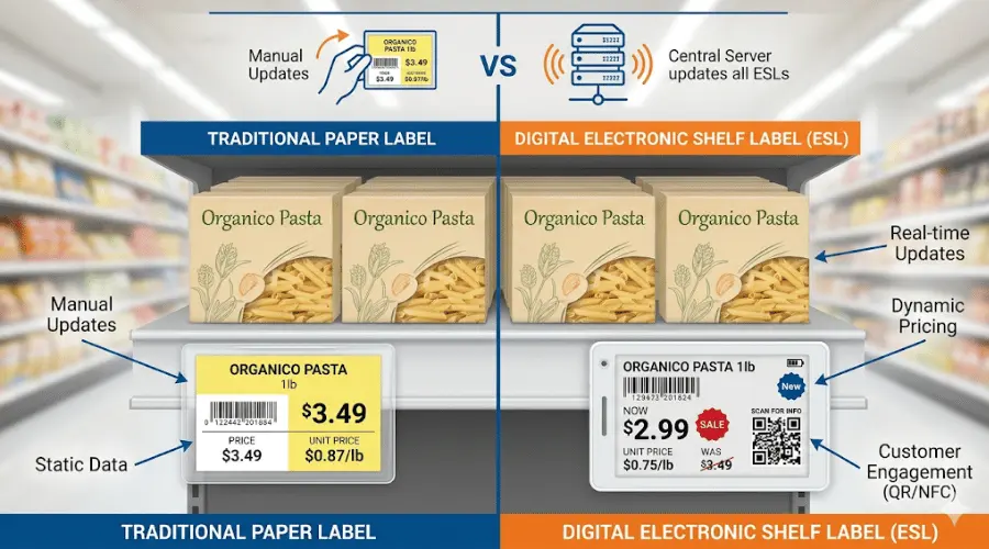 Electronic shelf labels used in a grocery supermarket aisle Electronic shelf labels used in a grocery supermarket aisle