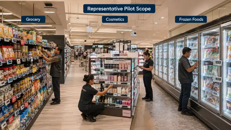 Representative ESL pilot scope across grocery cosmetics and frozen food departments Representative ESL pilot scope across grocery cosmetics and frozen food departments